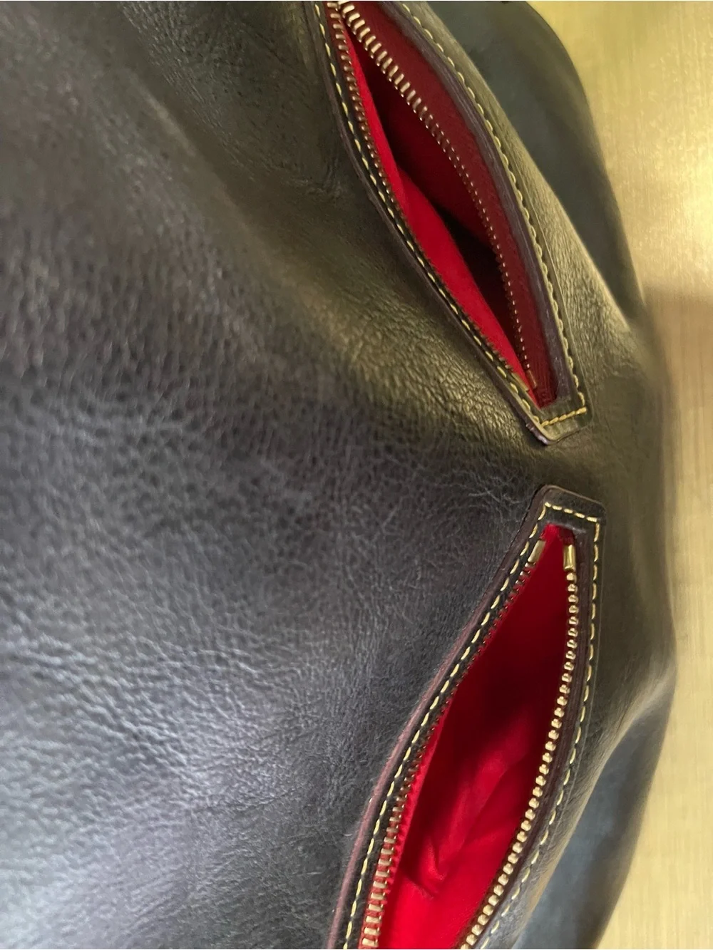 Dooney & Bourke Dark Brown Leather Hobo with Red Zip and Tan Strap